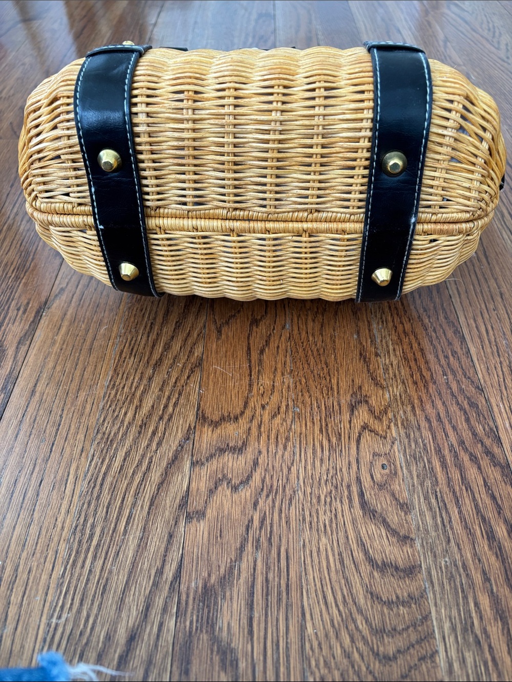 Woven Rattan Mini Satchel Handbag with Black Leather Trim - Picture 6 of 7